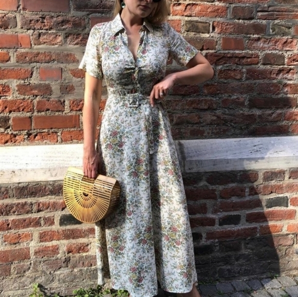 Zara Floral Floral Dress w Fabric Belt | Off-White Green Womans size M - Picture 3 of 15